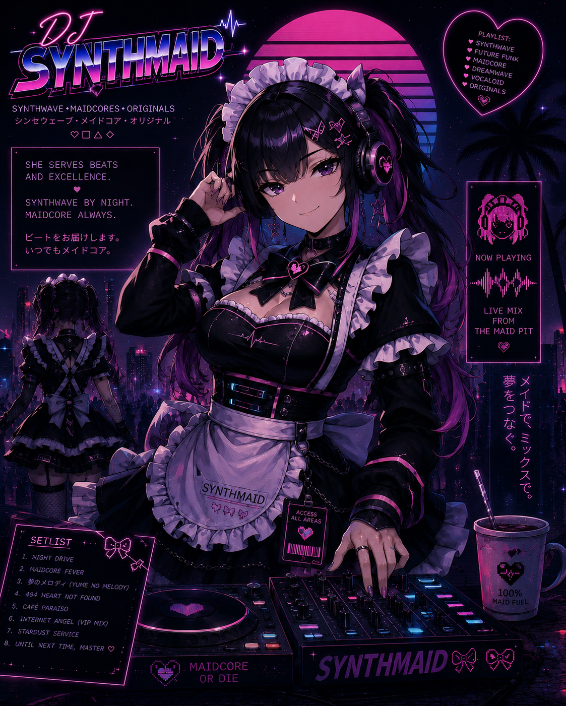 DJ Synthmaid OC в неоновом maidcore/synthwave стиле